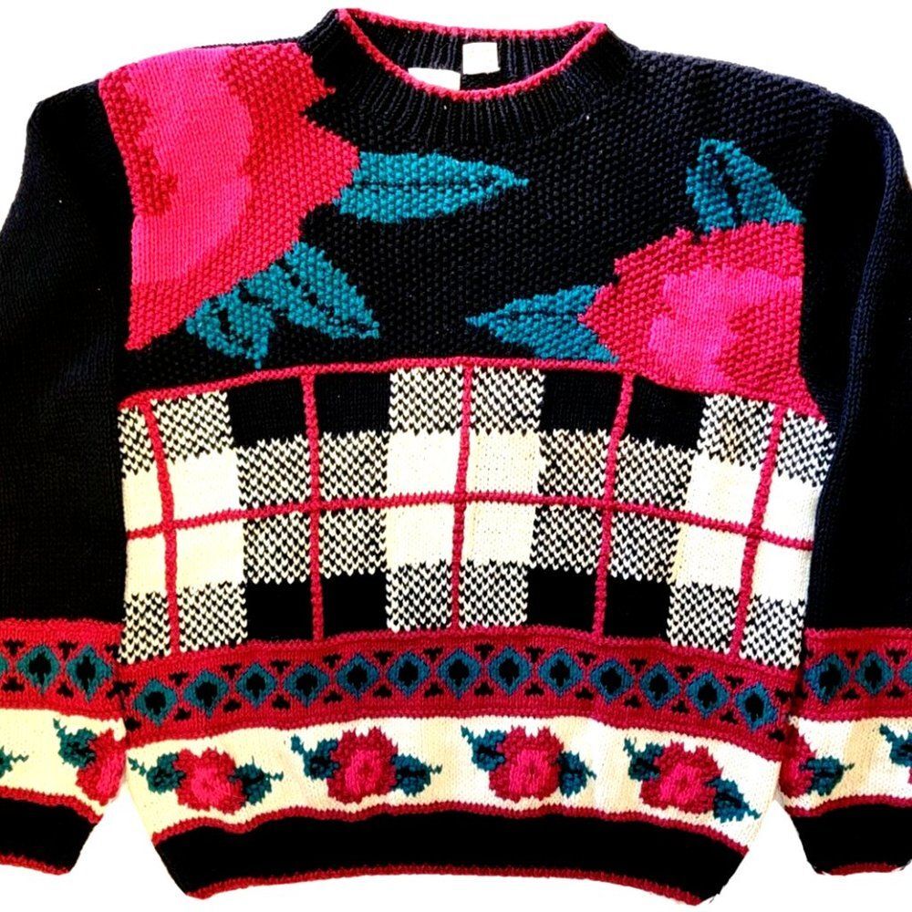 Vintage Black Heirlooms Collectibles Roses Buffalo Plaid Knit Sweater Size Large